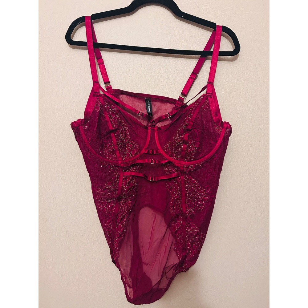 Torrid Curve Bodysuit Women 2 Burgundy Excellent Embroidered Mesh Strappy Cage